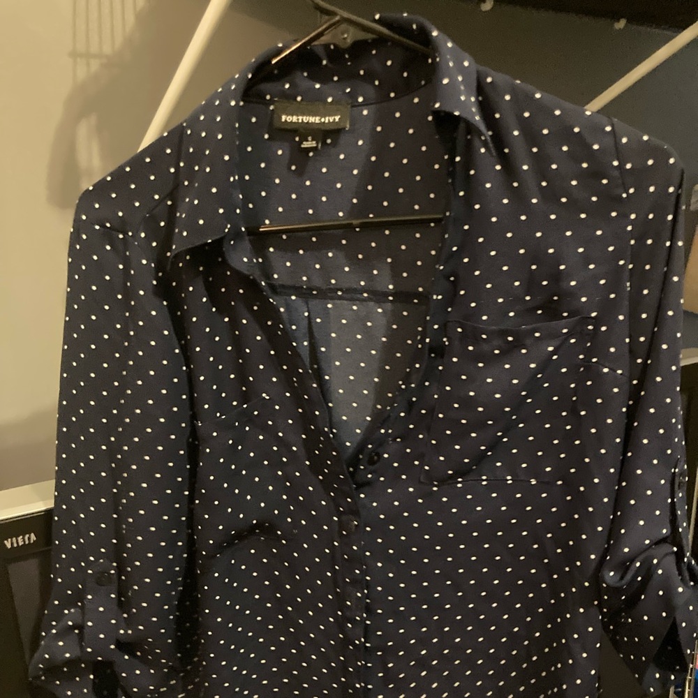 Navy polka dot button down